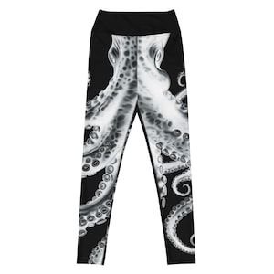 X-Ray Octopus Yoga Leggings, vintage botanical nautical illustration black white printed high waisted costume cosplay tentacles sexy pants