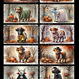 Halloween-tine Printable Cute Highland Cows in costume 3 1/2 by 2 inch