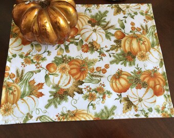 Thanksgiving Harvest Autumn Fall Pumpkins Placemats  w Metallic Fabric Set of 4