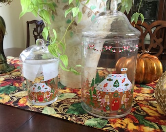 Vintage style Christmas Gingerbread House Gingerbread Men Glass Candy & Cookie Jars Set of 2