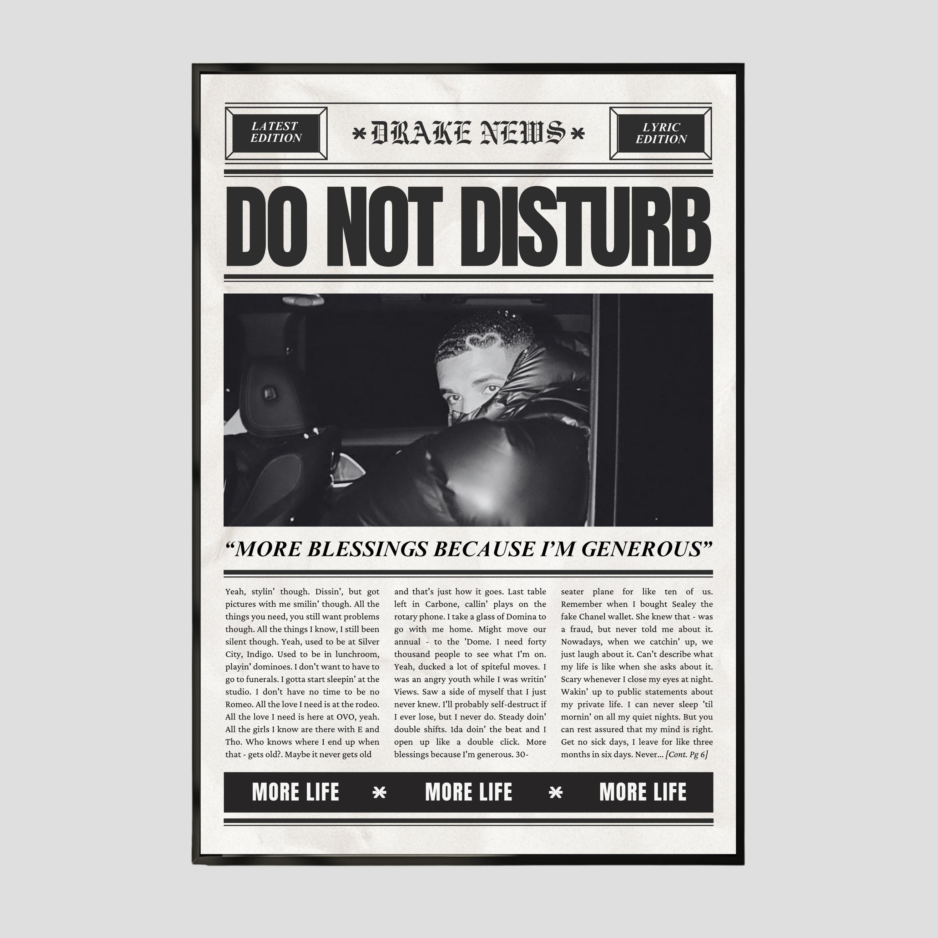 Drake Newspaper Print, Do Not Disturb Lyric Poster, Drake Poster