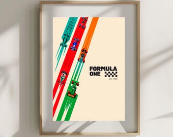 Puede incluir: Un póster colorido con un tema de carreras de Fórmula Uno. El póster presenta un diseño diagonal con cinco coches de carreras de diferentes colores conduciendo en una pista roja, naranja, verde y azul. El texto "FORMULA ONE est. 1950" está en la parte inferior del póster.