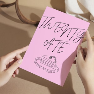 Funky Twenty Ate Geburtstagskarte, rosa Kuchen Illustration (druckbar)
