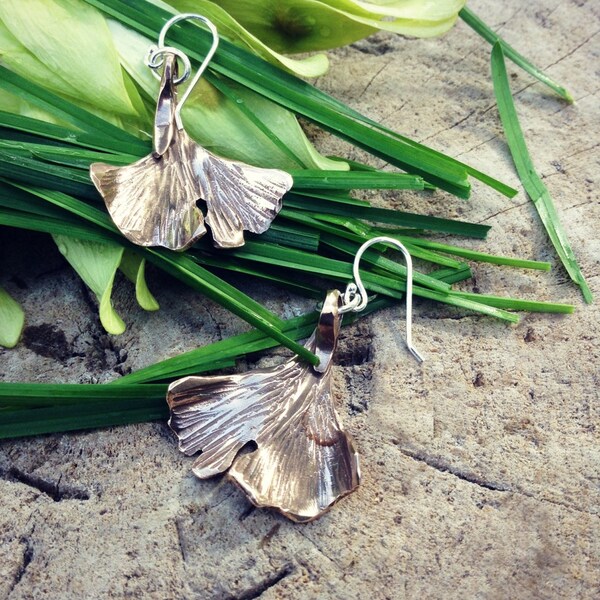 Ginkgo Leaf Earrings in Copper, Brass, Bronze, or Sterling Silver