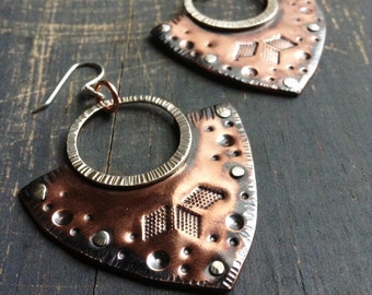 Hand Stamped Southwest Inspired Earrings in Copper and Sterling Silver Mixed Metals Boho Earrings, Gypsy Earrings