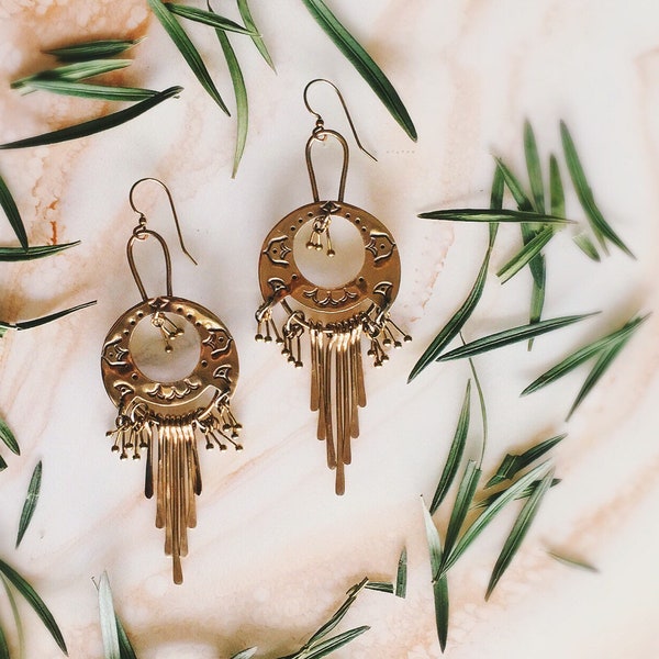 Hand Stamped Gypsy Mandala Earrings with Paddles in Brass Boho Earrings Bohemian Earrings Gypsy Jewelry