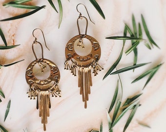 Hand Stamped Gypsy Mandala Earrings with Paddles in Brass Boho Earrings Bohemian Earrings Gypsy Jewelry