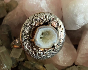 Druzy Crystal Agate Reticulated Sterling Silver Ring