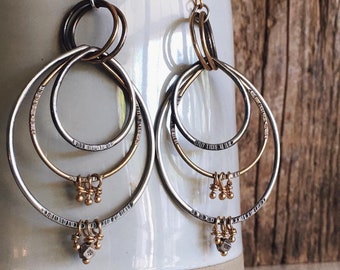Mixed Metal Hoops in Brass and Sterling Silver Hoop Earrings Dangle Earrings Statement Earrings Gypsy Earrings Bohemian Earrings