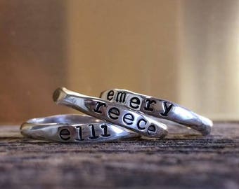 Custom Stackable Name Date or Word Ring with Your Kid's Names Perfect for Mother's Day in Sterling Silver Organic in Shape Mom Name Ring