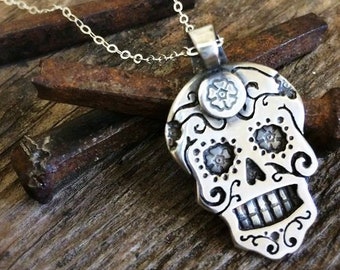 Sugar Skull Necklace in Sterling Silver Brass Bronze or Copper or Bronze Dia De Los Muertos Necklace