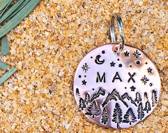 Mountain Range and Night Sky Pet ID Tag in Copper Bronze or Aluminum for the Adventurer, Outdoorsy Owner, Mountain Life