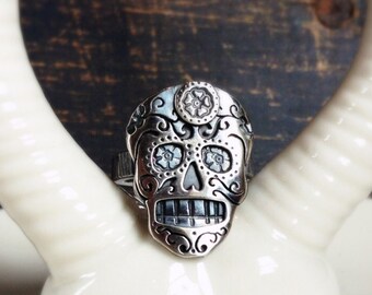 Sugar Skull Ring in Sterling Silver Copper or Bronze Dia De Los Muertos Ring