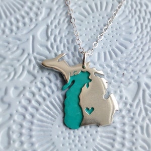 Petite Size Michigan with Upper Peninsula and Lake Michigan Necklace Choose your Metal Type and Heart Location