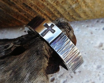 Old Rugged Cross Ring Wood Like Texture on Men's Sterling Silver Band Gifts for Him Gifts for Men Valentine's Day Gift Wedding Band for Men