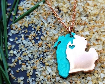 Copper Lake MIchigan and Michigan State Pendant Necklace Personalize the Location of the Heart