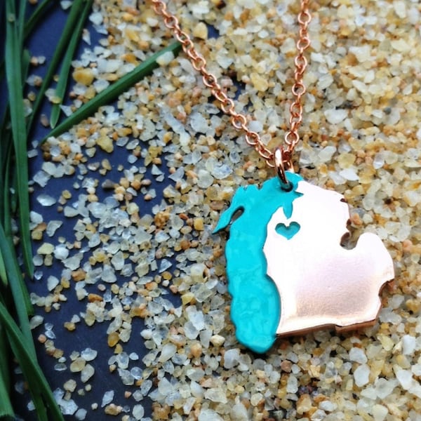 Copper Lake MIchigan and Michigan State Pendant Necklace Personalize the Location of the Heart