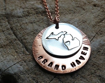 Michigan Sterling & Copper Necklace Personalize the Location of the Heart over the City of Your Choice