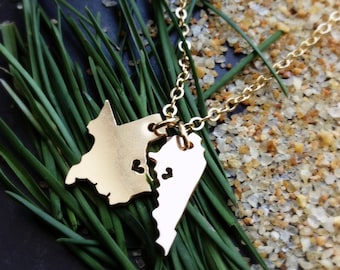 Double Micro State or Country Pendant in 14K Gold Filled or 14k Rose Gold Filled Personalize the Location of the Heart