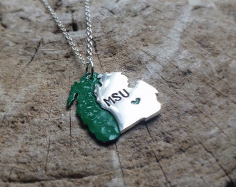 MSU Michigan State and Lake Michigan Necklace in Copper or Sterling Silver Back to School Graduation Gift