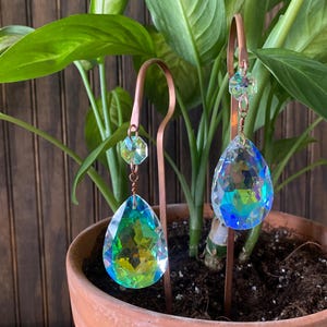 Shepherds Hook & Teardrop Crystal Plant Stake in SOLID Copper Plant Suncatcher Art