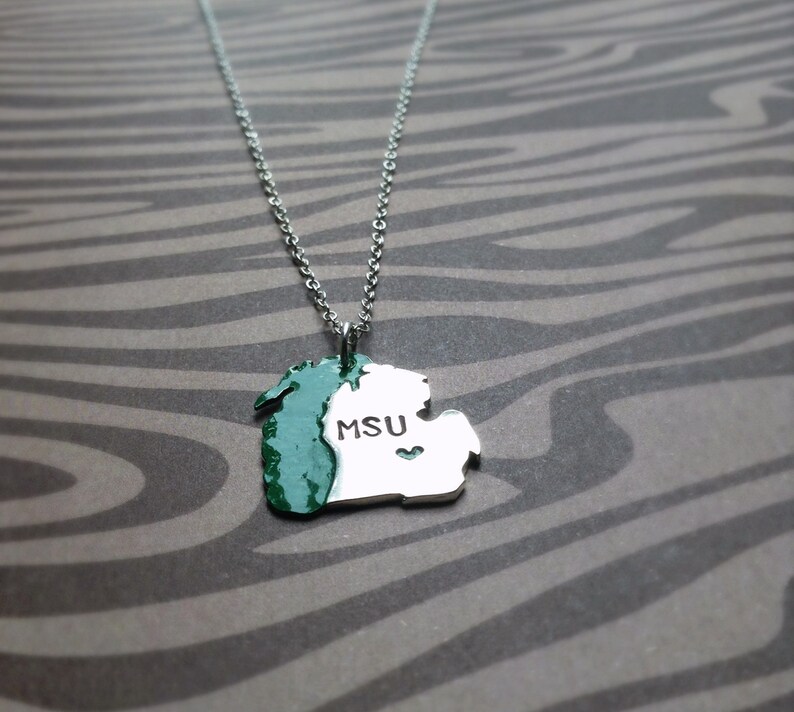 MSU Michigan State and Lake Michigan Necklace in Copper or Sterling Silver Back to School Graduation Gift image 3