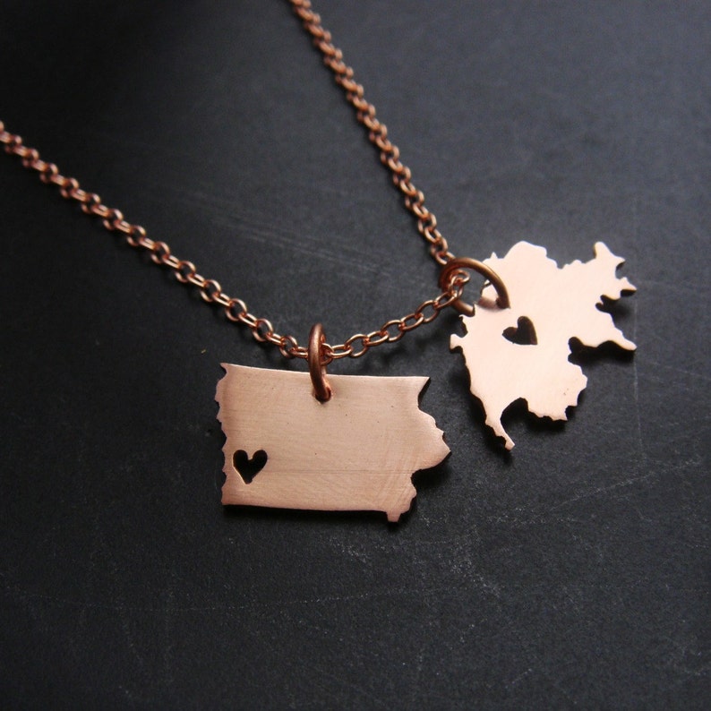 Double Micro State or Country Pendant Necklace in Copper Personalize the Location of the Hearts image 6