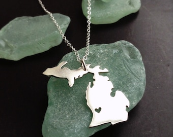 Upper Peninsula and Lower Peninsula Michigan Necklace Personalize the Heart Location