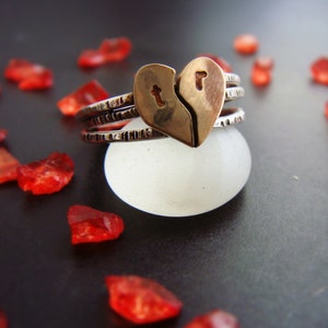 Initial Stacked Ring Set in Stelring Silver with Heart and 14k Gold Filled Valentine's Day Gifts for Her