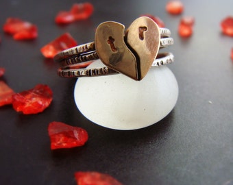 Initial Stacked Ring Set in Stelring Silver with Heart and 14k Gold Filled Valentine's Day Gifts for Her