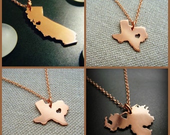 Copper State or Country Pendant - Personalize the Location of the Heart Over the City of Your Choice