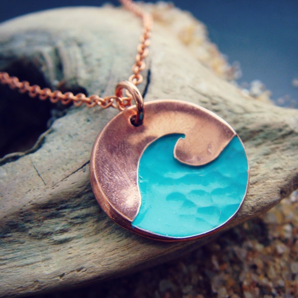 Textured Turquoise Blue Wave Pendant in Sterling Silver or Copper or Bronze Ocean Lake Beach Jewelry