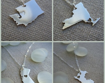 Sterling Silver State Necklace Made to Order Personalize the Location of the Heart over the City of Your Choice