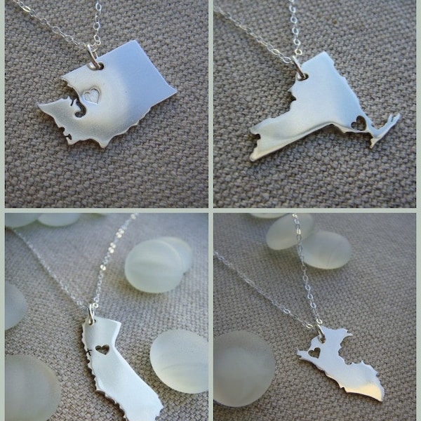 Sterling Silver State Necklace Made to Order Personalize the Location of the Heart over the City of Your Choice