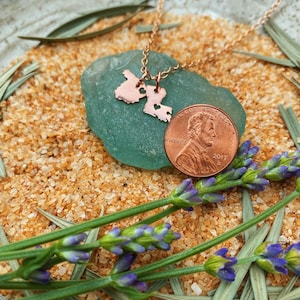 Double Micro State or Country Pendant Necklace in Copper Personalize the Location of the Hearts image 4