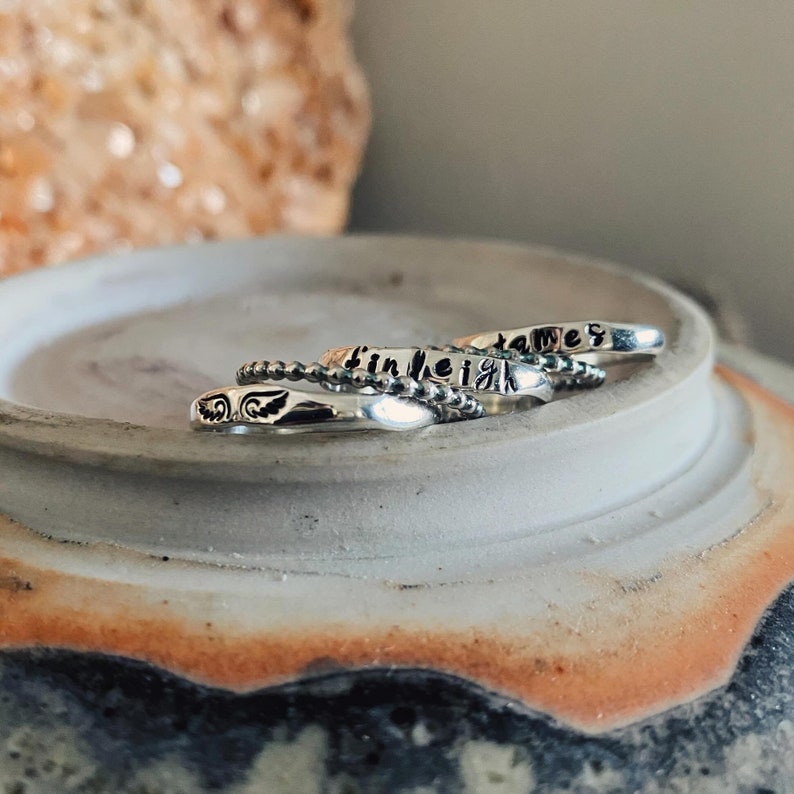 Custom Stackable Name Date or Word Ring with Your Kid's Names Perfect for Mother's Day in Sterling Silver Organic in Shape Mom Name Ring image 5