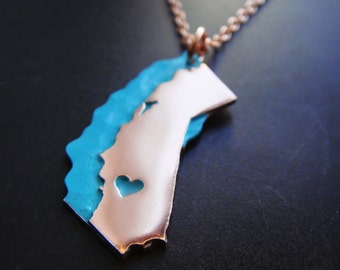 California State Necklace with Lake Tahoe and Pacific Ocean in Copper or Sterling Silver Personalize the Location of the Heart