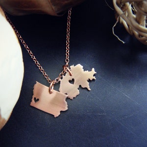 Double Micro State or Country Pendant Necklace in Copper Personalize the Location of the Hearts image 7