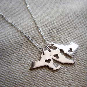 Triple Micro Size State or Country Pendants in Sterling Silver Copper Bronze Brass Made to Order Personalize the Location of the Heart