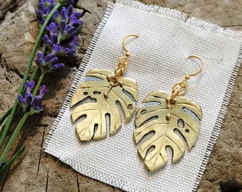 Hand Carved Monstera Plant Earrings in Brass Plant Lady Plant Earrings Boho Earrings Bohemian Style