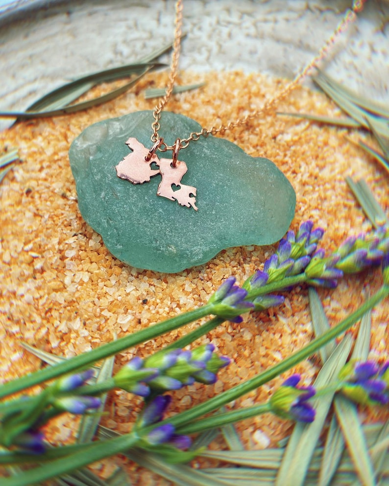 Double Micro State or Country Pendant Necklace in Copper Personalize the Location of the Hearts image 3