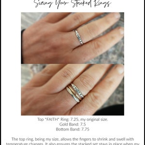 May include: Two silver rings stacked on a finger. The top ring says "FAITH" and the bottom ring is a plain band. The top ring is size 7.25, the gold band is size 7.5, and the bottom band is size 7.75.