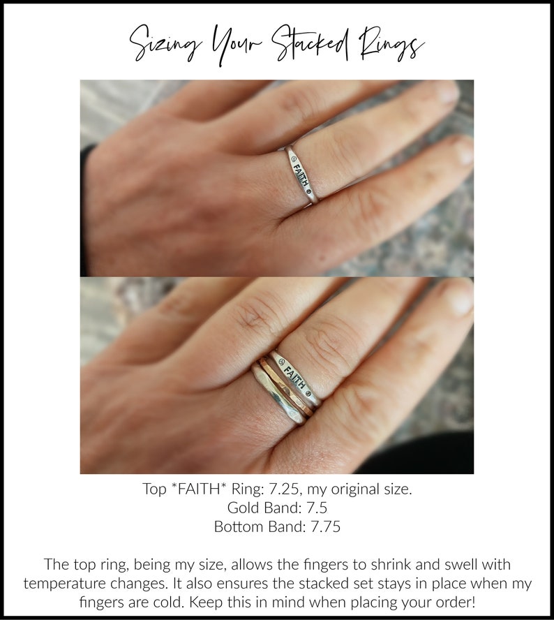 May include: Two silver rings stacked on a finger. The top ring says "FAITH" and the bottom ring is a plain band. The top ring is size 7.25, the gold band is size 7.5, and the bottom band is size 7.75.
