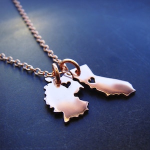 Double Micro State or Country Pendant Necklace in Copper Personalize the Location of the Hearts