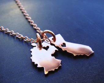Double Micro State or Country Pendant Necklace in Copper Personalize the Location of the Hearts