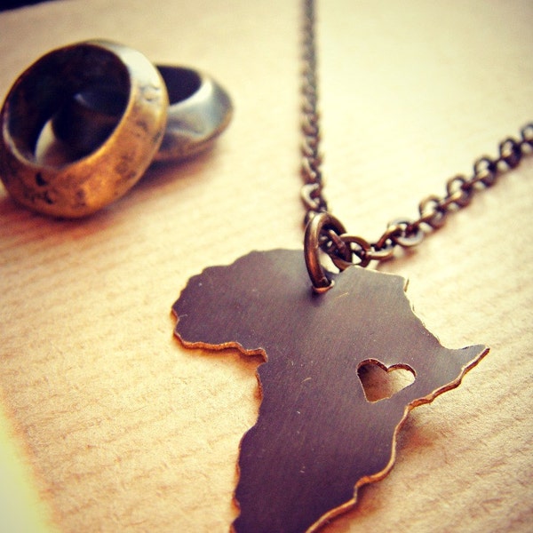 Antiqued Africa Necklace Personalize Location of the Heart over the Country of Your Choice