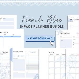May include: A printable planner bundle in French Blue with a floral design. The bundle includes pages for class schedules, Cornell notes, weekly to-do lists, study planning, daily planning, group project planning, and a monthly calendar.