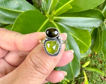Two Stone Silver Ring, Tourmaline Ring, Green Gemstones Vesuvianite and Tourmaline, Unique Handcrafted Sterling Silver Ring Size 8