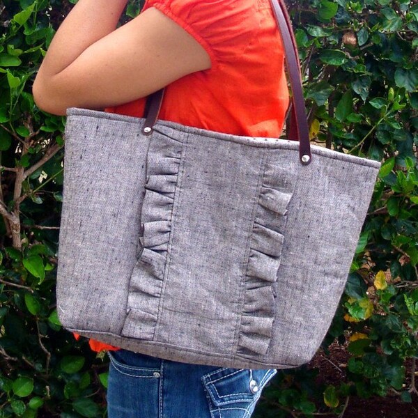 White and Blue Striped Cotton Linen Ruffled Tote Bag with Thick Brown Leather Straps. . . Badkittyhawaii