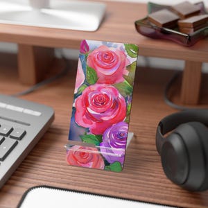 Elegante soporte para teléfono con diseño de rosa de acuarela / Tablero duro duradero con acabado brillante / ¡Perfecto para el hogar, la oficina y para usar en movimiento!